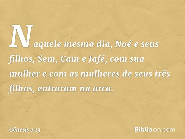 Naquele mesmo dia, Noé e seus filhos, Sem, Cam e Jafé, com sua mulher e com as mu­lheres de seus três filhos, entraram na arca. -- Gênesis 7:13