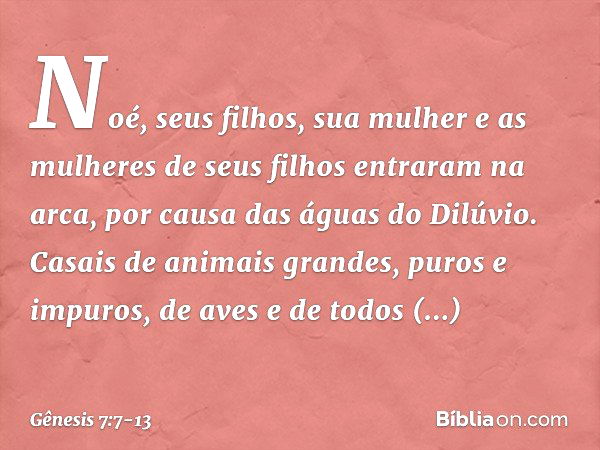 Noé, seus filhos, sua mulher e as mulheres de seus filhos entraram na arca, por causa das águas do Dilúvio. Casais de animais grandes, puros e impuros, de aves 