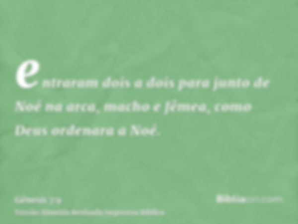 entraram dois a dois para junto de Noé na arca, macho e fêmea, como Deus ordenara a Noé.