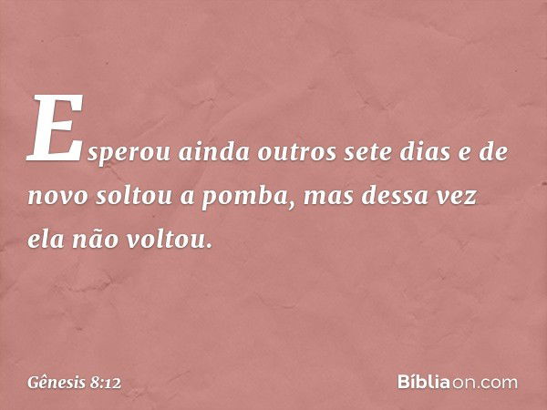 Esperou ainda outros sete dias e de novo soltou a pomba, mas dessa vez ela não voltou. -- Gênesis 8:12