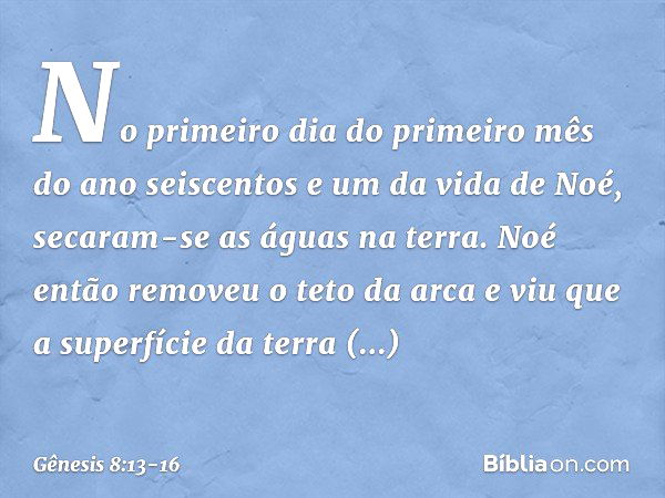 No primeiro dia do primeiro mês do ano seiscentos e um da vida de Noé, secaram-se as águas na terra. Noé então removeu o teto da arca e viu que a super­fície da