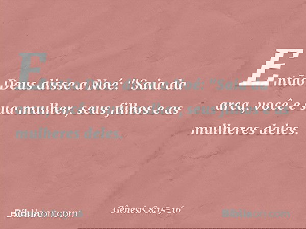 Então Deus disse a Noé: "Saia da arca, você e sua mulher, seus filhos e as mulheres deles. -- Gênesis 8:15-16