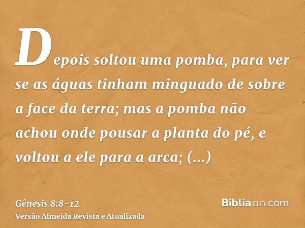 Depois soltou uma pomba, para ver se as águas tinham minguado de sobre a face da terra;mas a pomba não achou onde pousar a planta do pé, e voltou a ele para a a