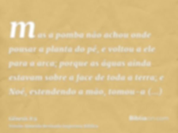 mas a pomba não achou onde pousar a planta do pé, e voltou a ele para a arca; porque as águas ainda estavam sobre a face de toda a terra; e Noé, estendendo a mã