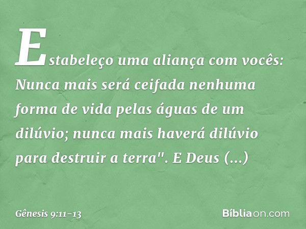 Esta­beleço uma aliança com vocês: Nunca mais será ceifada nenhuma forma de vida pelas águas de um dilúvio; nunca mais haverá dilúvio para des­truir a terra". E