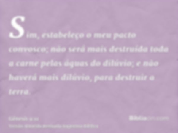 Sim, estabeleço o meu pacto convosco; não será mais destruída toda a carne pelas águas do dilúvio; e não haverá mais dilúvio, para destruir a terra.