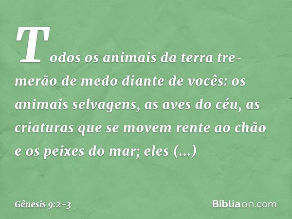 Todos os animais da terra tre­merão de medo diante de vocês: os animais sel­vagens, as aves do céu, as criaturas que se mo­vem rente ao chão e os peixes do mar;