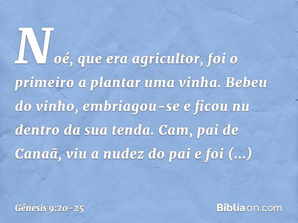 Noé, que era agricultor, foi o primeiro a plan­tar uma vinha. Be­beu do vinho, embriagou-se e ficou nu dentro da sua tenda. Cam, pai de Canaã, viu a nudez do pa