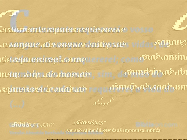 Certamente requererei o vosso sangue, o sangue das vossas vidas; de todo animal o requererei; como também do homem, sim, da mão do irmão de cada um requererei a