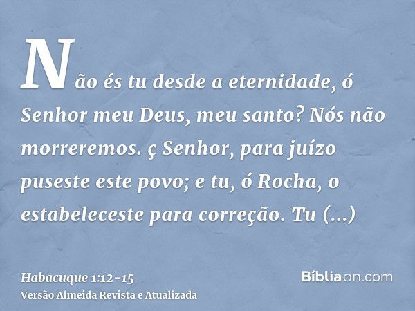 Não és tu desde a eternidade, ó Senhor meu Deus, meu santo? Nós não morreremos. ç Senhor, para juízo puseste este povo; e tu, ó Rocha, o estabeleceste para corr