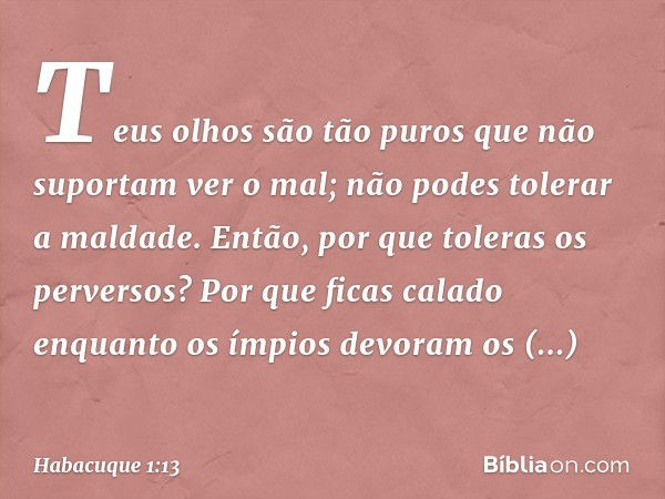 Teus olhos são tão puros
que não suportam ver o mal;
não podes tolerar a maldade.
Então, por que toleras os perversos?
Por que ficas calado
enquanto os ímpios d