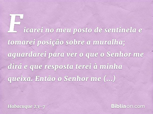 Ficarei no meu posto de sentinela
e tomarei posição sobre a muralha;
aguardarei para ver o que o Senhor me dirá
e que resposta terei à minha queixa. Então o Sen