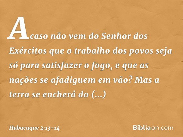 Acaso não vem
do Senhor dos Exércitos
que o trabalho dos povos
seja só para satisfazer o fogo,
e que as nações se afadiguem em vão? Mas a terra se encherá do co