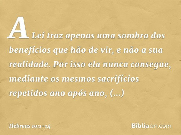 A Lei traz apenas uma sombra dos benefícios que hão de vir, e não a sua realidade. Por isso ela nunca consegue, mediante os mesmos sacrifícios repetidos ano apó