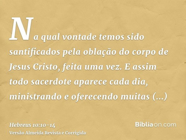 Na qual vontade temos sido santificados pela oblação do corpo de Jesus Cristo, feita uma vez.E assim todo sacerdote aparece cada dia, ministrando e oferecendo m