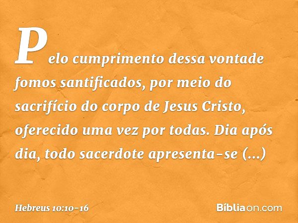 Pelo cumprimento dessa vontade fomos santificados, por meio do sacrifício do corpo de Jesus Cristo, oferecido uma vez por todas. Dia após dia, todo sacerdote ap