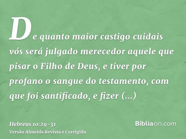 De quanto maior castigo cuidais vós será julgado merecedor aquele que pisar o Filho de Deus, e tiver por profano o sangue do testamento, com que foi santificado