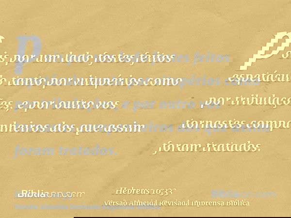 pois por um lado fostes feitos espetáculo tanto por vitupérios como por tribulações, e por outro vos tornastes companheiros dos que assim foram tratados.