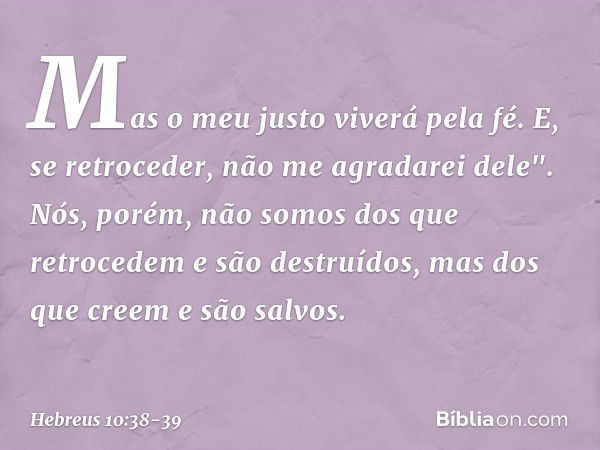 Mas o meu justo
viverá pela fé.
E, se retroceder,
não me agradarei dele". Nós, porém, não somos dos que retrocedem e são destruídos, mas dos que creem e são sal