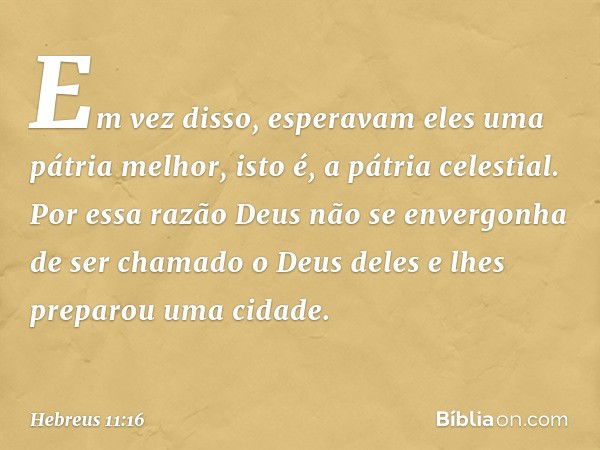 Em vez disso, esperavam eles uma pátria melhor, isto é, a pátria celestial. Por essa razão Deus não se envergonha de ser chamado o Deus deles e lhes preparou um