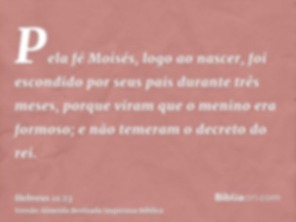 Pela fé Moisés, logo ao nascer, foi escondido por seus pais durante três meses, porque viram que o menino era formoso; e não temeram o decreto do rei.