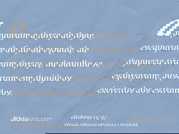apagaram a força do fogo, escaparam do fio da espada, da fraqueza tiraram forças, na batalha se esforçaram, puseram em fugida os exércitos dos estranhos.