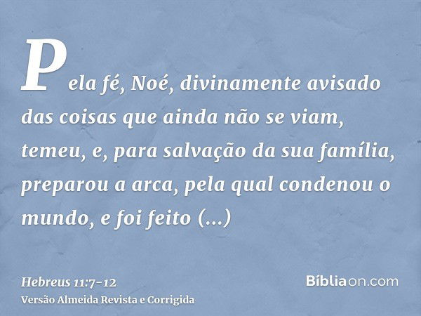 Pela fé, Noé, divinamente avisado das coisas que ainda não se viam, temeu, e, para salvação da sua família, preparou a arca, pela qual condenou o mundo, e foi f