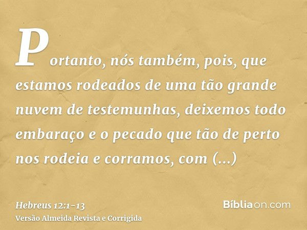 Portanto, nós também, pois, que estamos rodeados de uma tão grande nuvem de testemunhas, deixemos todo embaraço e o pecado que tão de perto nos rodeia e corramo