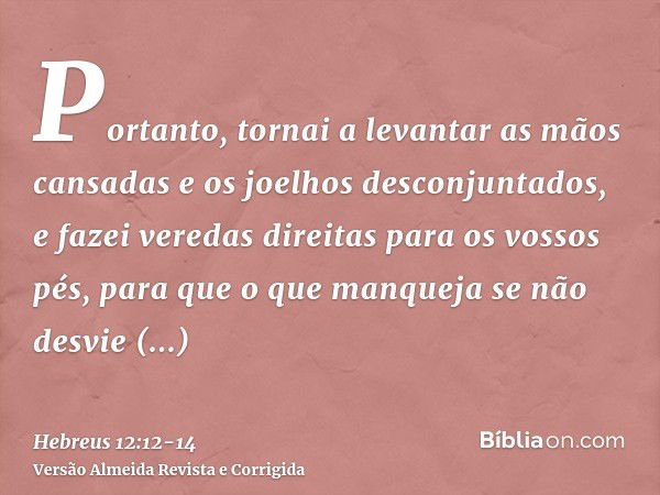 Portanto, tornai a levantar as mãos cansadas e os joelhos desconjuntados,e fazei veredas direitas para os vossos pés, para que o que manqueja se não desvie inte