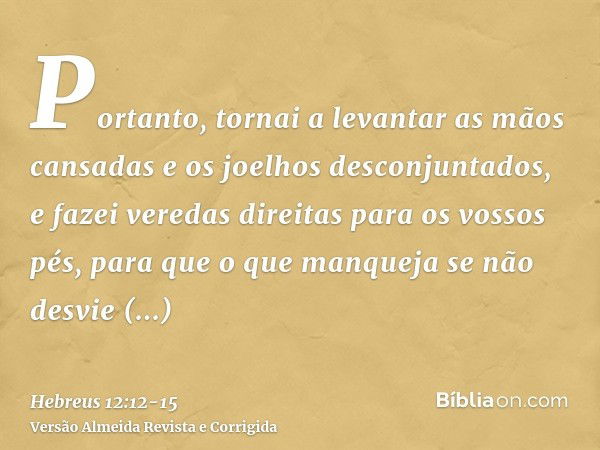 Portanto, tornai a levantar as mãos cansadas e os joelhos desconjuntados,e fazei veredas direitas para os vossos pés, para que o que manqueja se não desvie inte