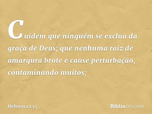 Cuidem que ninguém se exclua da graça de Deus; que nenhuma raiz de amargura brote e cause perturbação, contaminando muitos; -- Hebreus 12:15