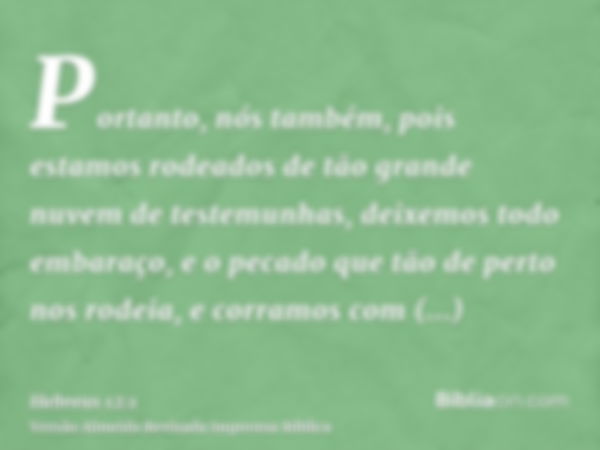 Portanto, nós também, pois estamos rodeados de tão grande nuvem de testemunhas, deixemos todo embaraço, e o pecado que tão de perto nos rodeia, e corramos com p