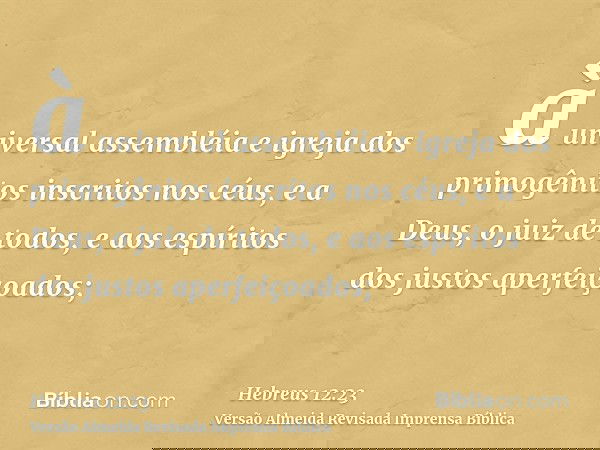 à universal assembléia e igreja dos primogênitos inscritos nos céus, e a Deus, o juiz de todos, e aos espíritos dos justos aperfeiçoados;