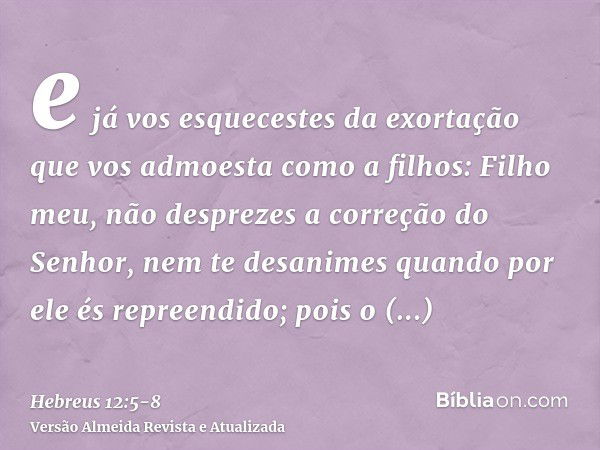 e já vos esquecestes da exortação que vos admoesta como a filhos: Filho meu, não desprezes a correção do Senhor, nem te desanimes quando por ele és repreendido;