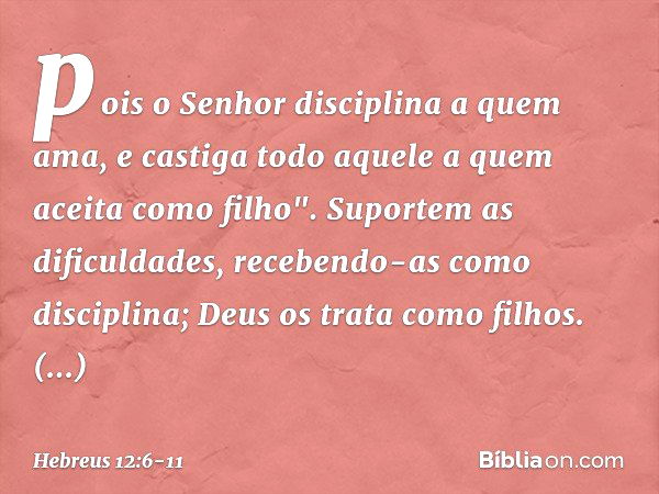 pois o Senhor disciplina
a quem ama,
e castiga todo aquele
a quem aceita como filho". Suportem as dificuldades, recebendo-as como disciplina; Deus os trata como