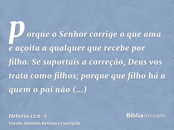 porque o Senhor corrige o que ama e açoita a qualquer que recebe por filho.Se suportais a correção, Deus vos trata como filhos; porque que filho há a quem o pai