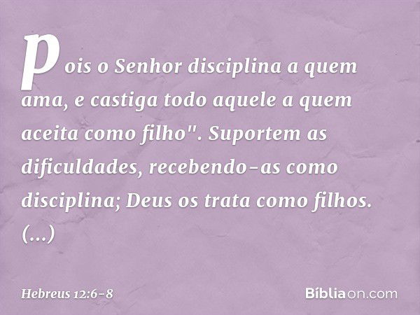 pois o Senhor disciplina
a quem ama,
e castiga todo aquele
a quem aceita como filho". Suportem as dificuldades, recebendo-as como disciplina; Deus os trata como