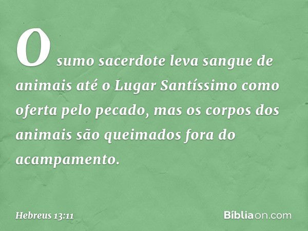 O sumo sacerdote leva sangue de animais até o Lugar Santíssimo como oferta pelo pecado, mas os corpos dos animais são queimados fora do acampamento. -- Hebreus 