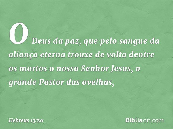 O Deus da paz, que pelo sangue da aliança eterna trouxe de volta dentre os mortos o nosso Senhor Jesus, o grande Pastor das ovelhas, -- Hebreus 13:20