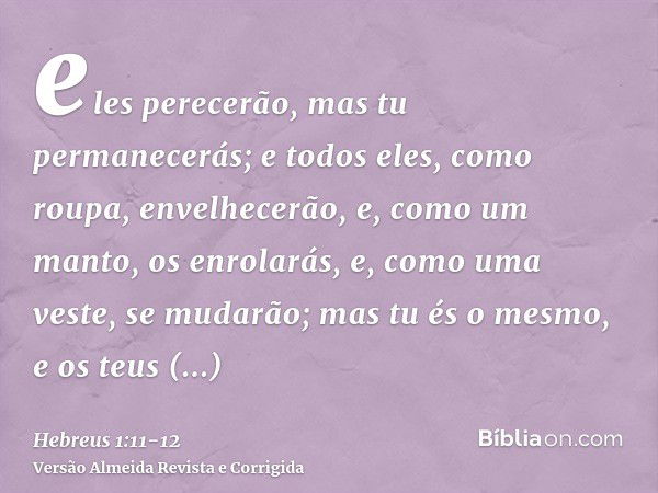 eles perecerão, mas tu permanecerás; e todos eles, como roupa, envelhecerão,e, como um manto, os enrolarás, e, como uma veste, se mudarão; mas tu és o mesmo, e 