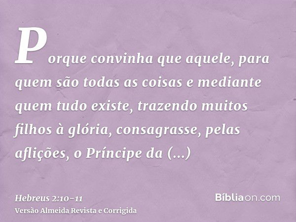 Porque convinha que aquele, para quem são todas as coisas e mediante quem tudo existe, trazendo muitos filhos à glória, consagrasse, pelas aflições, o Príncipe 