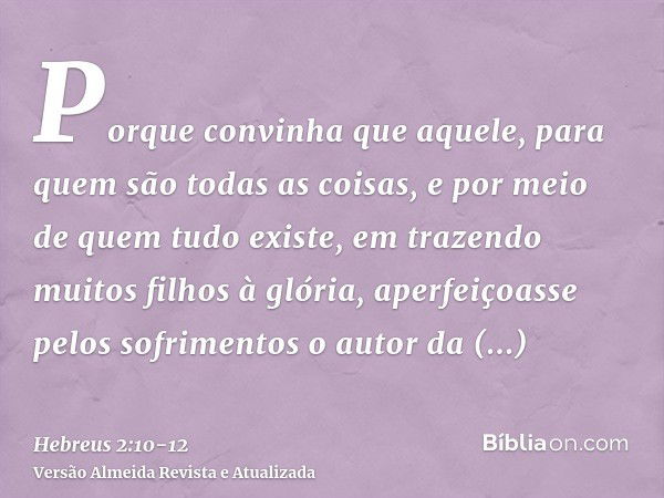 Porque convinha que aquele, para quem são todas as coisas, e por meio de quem tudo existe, em trazendo muitos filhos à glória, aperfeiçoasse pelos sofrimentos o