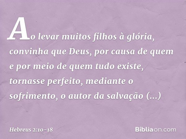 Ao levar muitos filhos à glória, convinha que Deus, por causa de quem e por meio de quem tudo existe, tornasse perfeito, mediante o sofrimento, o autor da salva