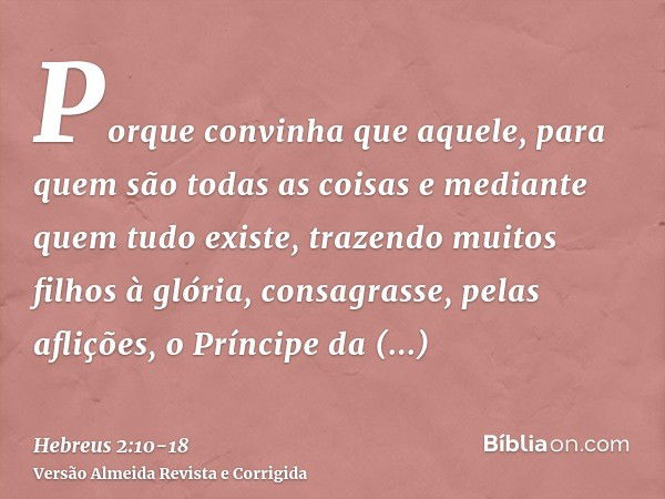 Porque convinha que aquele, para quem são todas as coisas e mediante quem tudo existe, trazendo muitos filhos à glória, consagrasse, pelas aflições, o Príncipe 