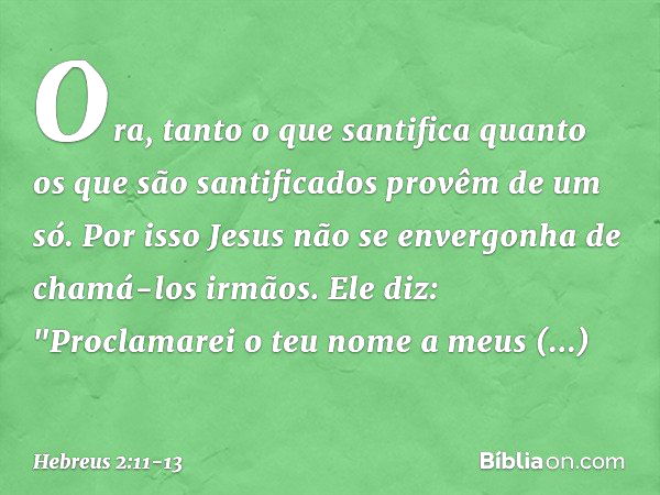 Ora, tanto o que santifica quanto os que são santificados provêm de um só. Por isso Jesus não se envergonha de chamá-los irmãos. Ele diz:
"Proclamarei o teu nom