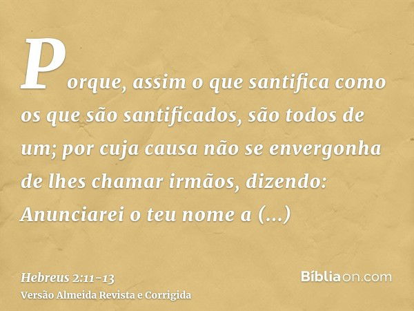 Porque, assim o que santifica como os que são santificados, são todos de um; por cuja causa não se envergonha de lhes chamar irmãos,dizendo: Anunciarei o teu no