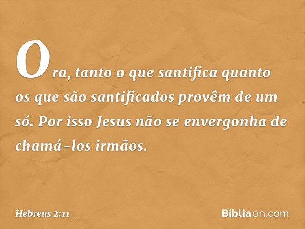 Ora, tanto o que santifica quanto os que são santificados provêm de um só. Por isso Jesus não se envergonha de chamá-los irmãos. -- Hebreus 2:11