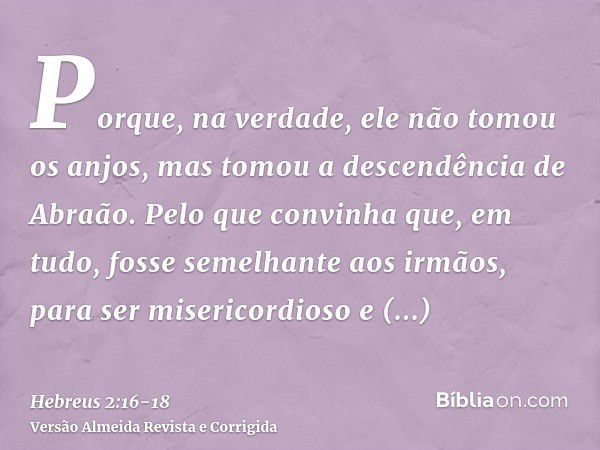 Porque, na verdade, ele não tomou os anjos, mas tomou a descendência de Abraão.Pelo que convinha que, em tudo, fosse semelhante aos irmãos, para ser misericordi