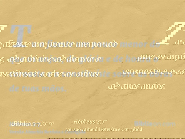 Tu o fizeste um pouco menor do que os anjos, de glória e de honra o coroaste e o constituíste sobre as obras de tuas mãos.