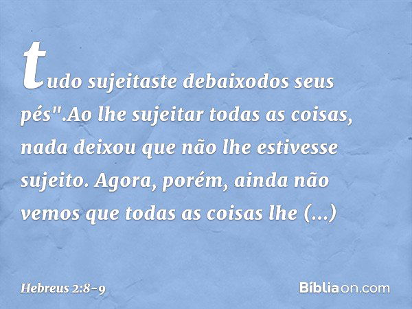 tudo sujeitaste debaixodos seus pés".Ao lhe sujeitar todas as coisas, nada deixou que não lhe estivesse sujeito. Agora, porém, ainda não vemos que todas as cois